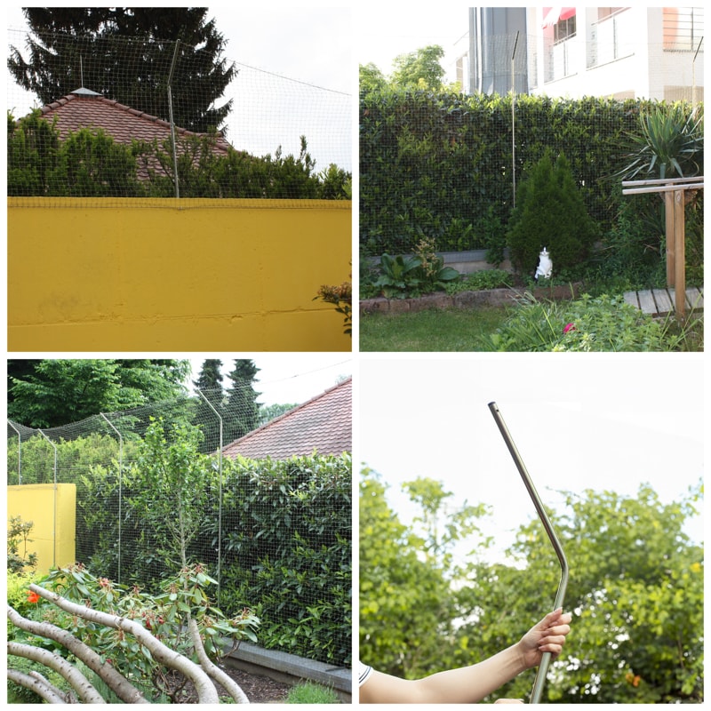 Gartenzaun mit BOY-Katzennetz und Teleskopstangen katzensicher gesichert