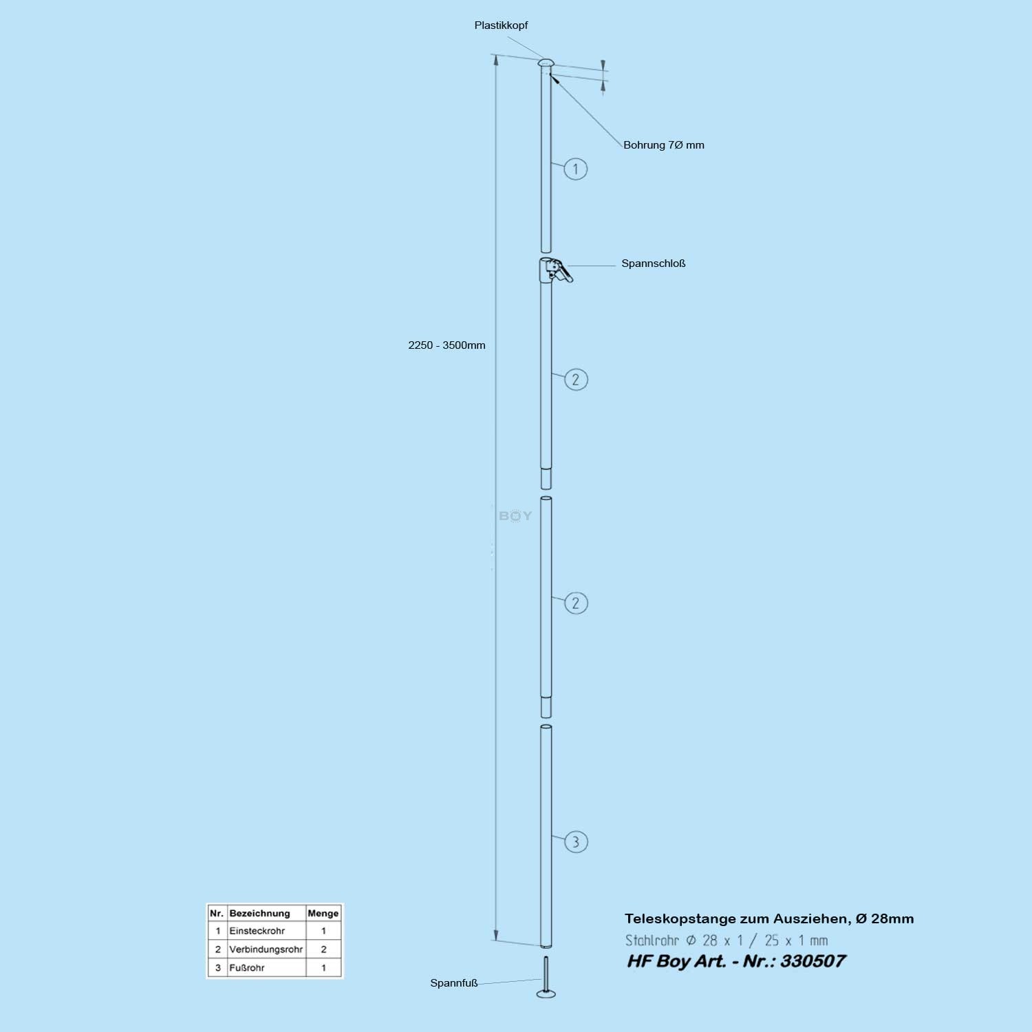 Teleskopstange zum Spannen bis 350cm, Ø 28mm - silberfarbig verzinkt