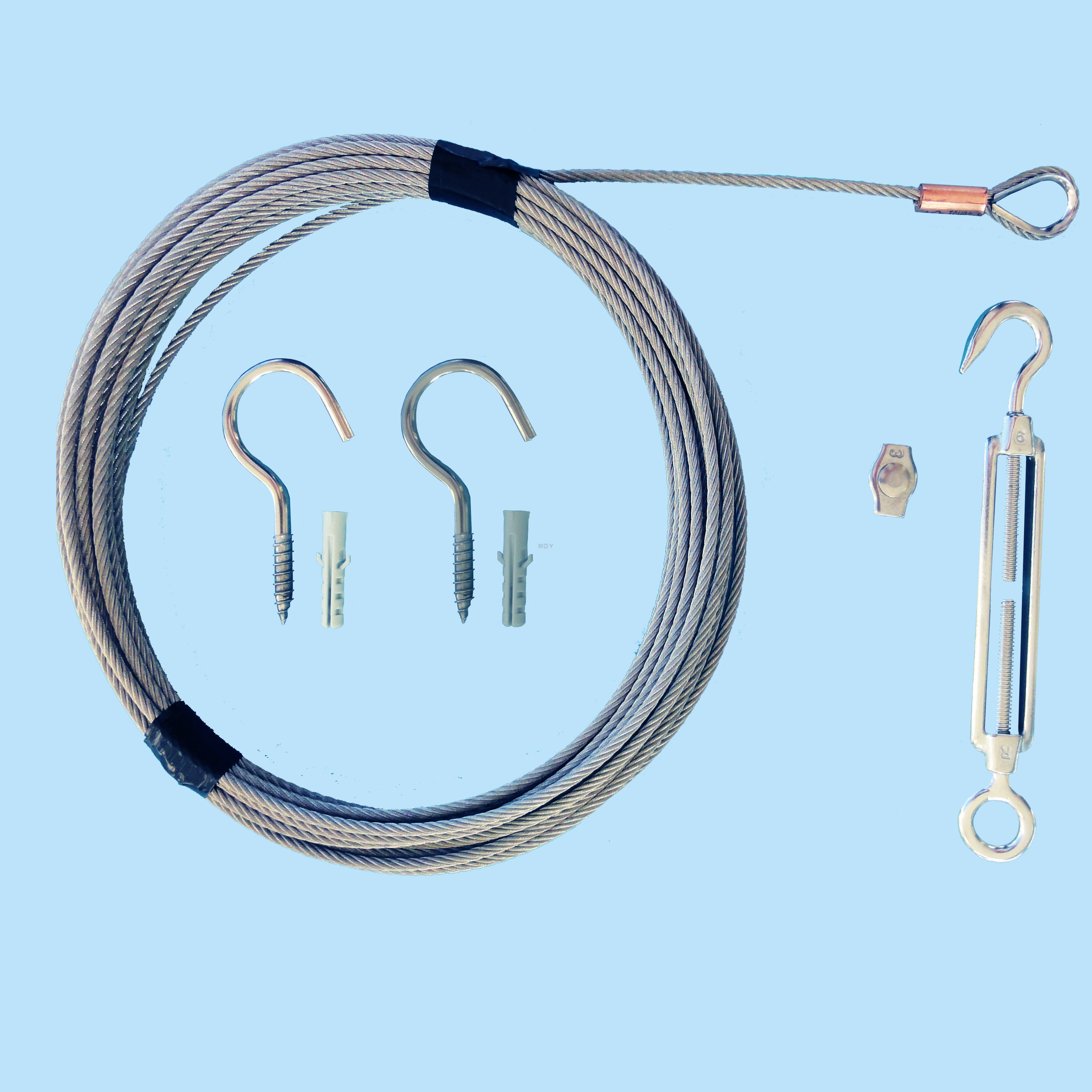 Edelstahlseil - 7.50m lang - 3.0mm Ø - mit Montage-Zubehör Edelstahlseil - 7.50m lang - 3.0mm Ø - mit Montage-Zubehör