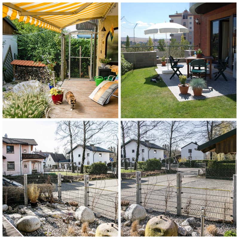 Katzennetz im Garten – fertig montiert an Gartenzaun